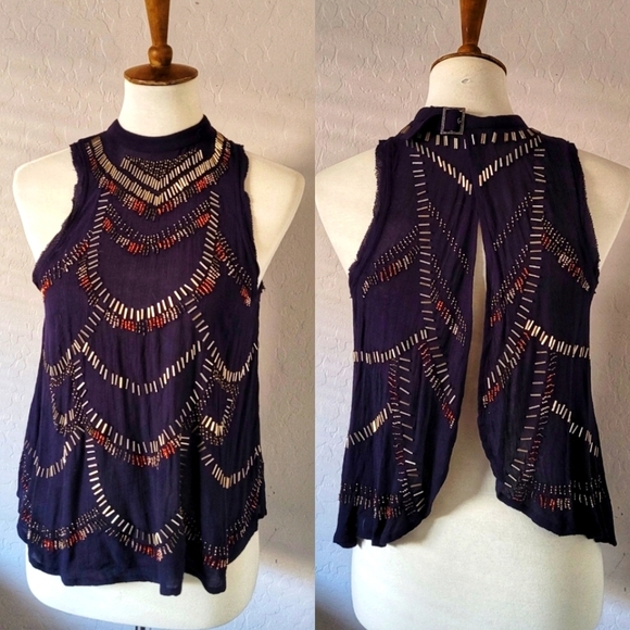 Free People - Ferris Wheel Black Bugle Bead High Neck Backless Top - Picture 3 of 8